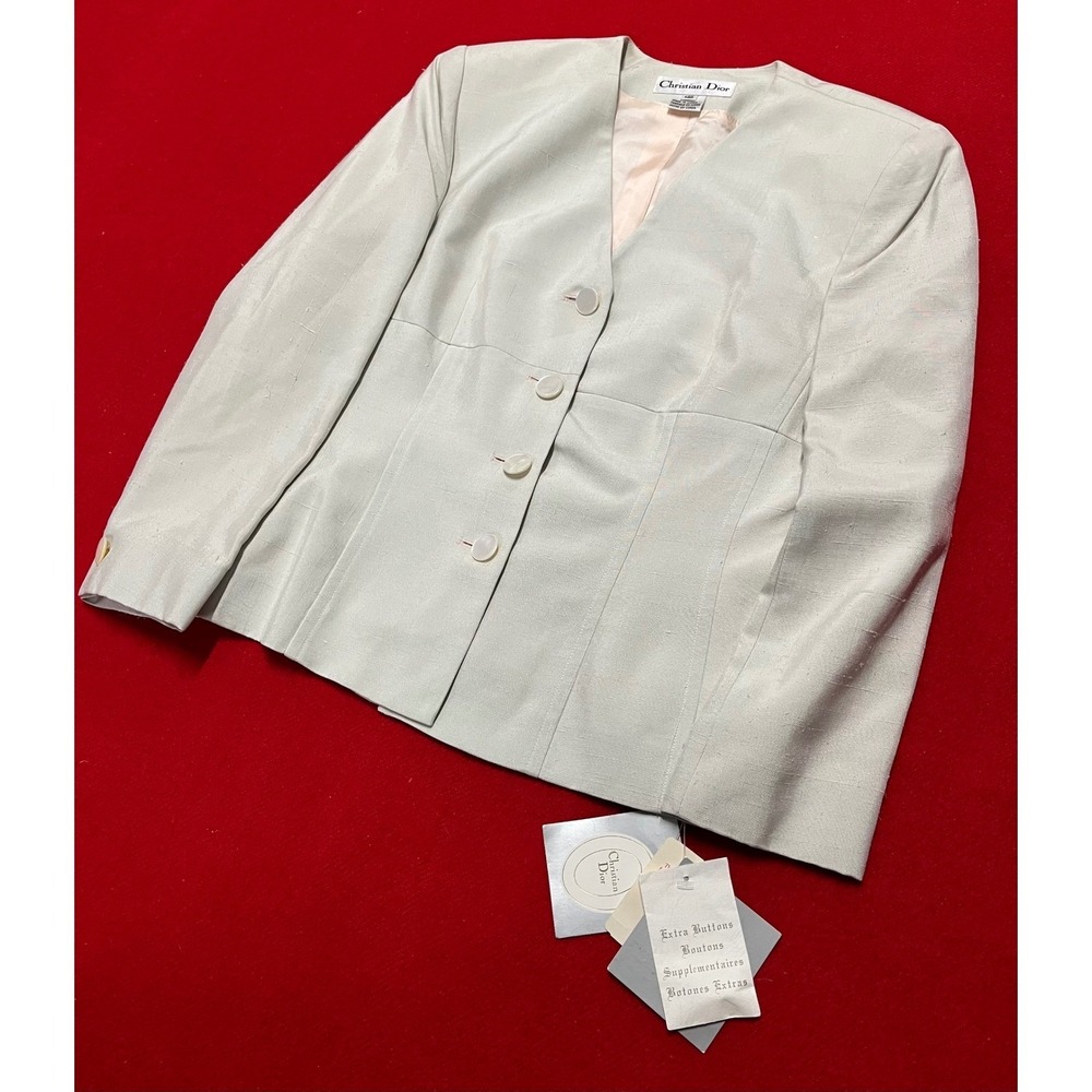 Christian Dior Blazer Jacket Womens 14P Light Beige V Neck Button Front Tailored